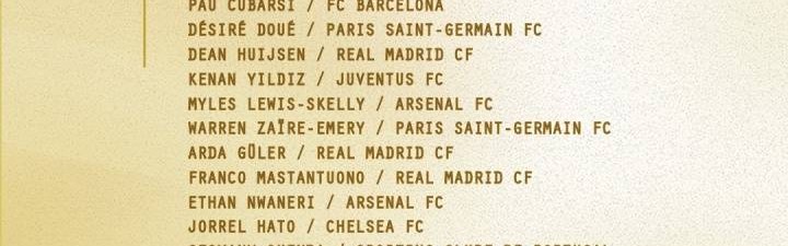 2025金童奖候选：居莱尔伊尔迪兹在列 曼联后防新星入围