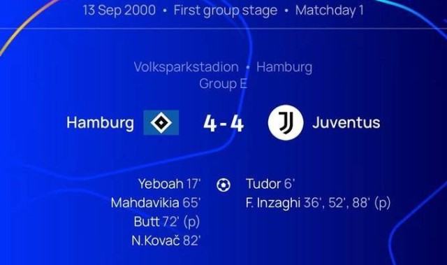 神巧合！尤文上次在欧冠4-4是00年踢汉堡，科瓦奇、图多尔均破门