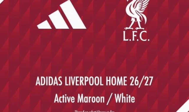 利物浦26-27赛季主场球衣谍照：采用深红色调+白色细节装饰